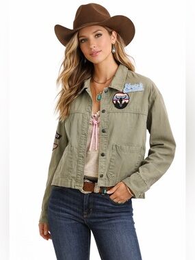 Idyllwind Womens Boho Cotton Patchwork Military Snap Jacket Small Green Khaki